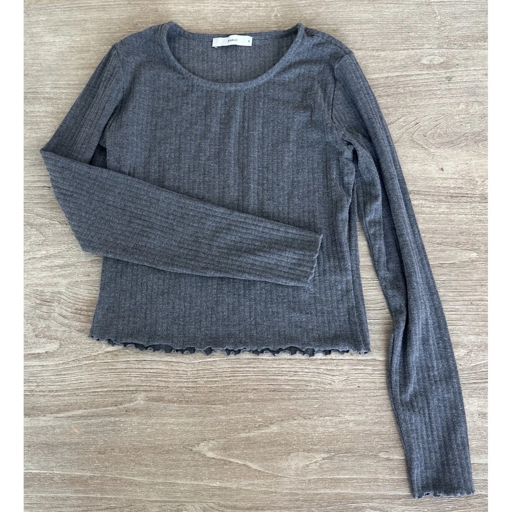 Pigalle Gray Ribbed crop top long sleeve T-shirt size S Basic Layering